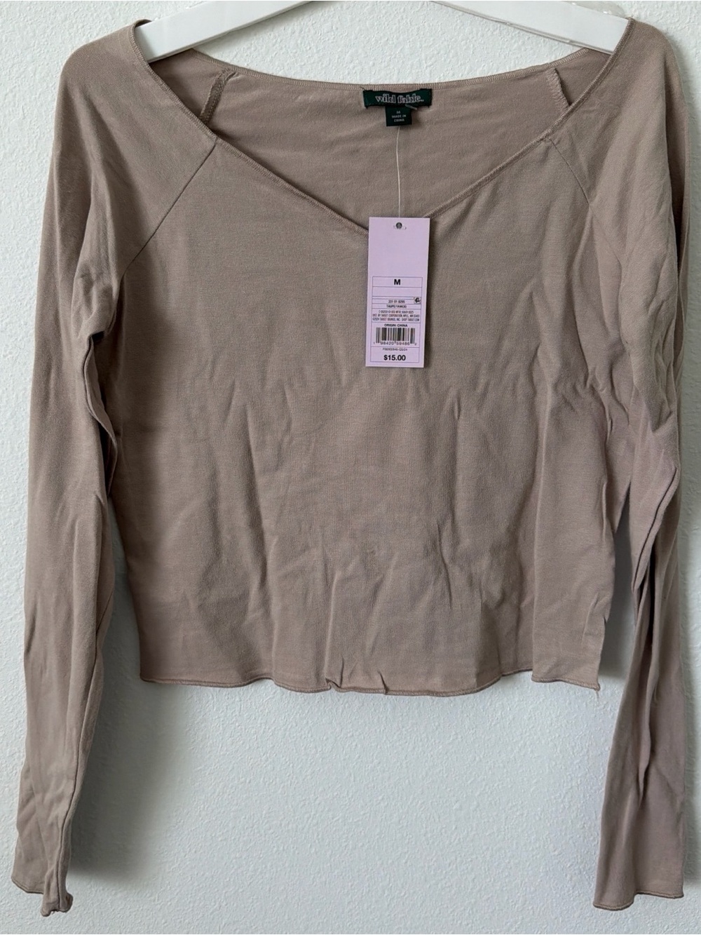 Wild Fable Women's Long-Sleeve V-Neck crop Top in Taupe
